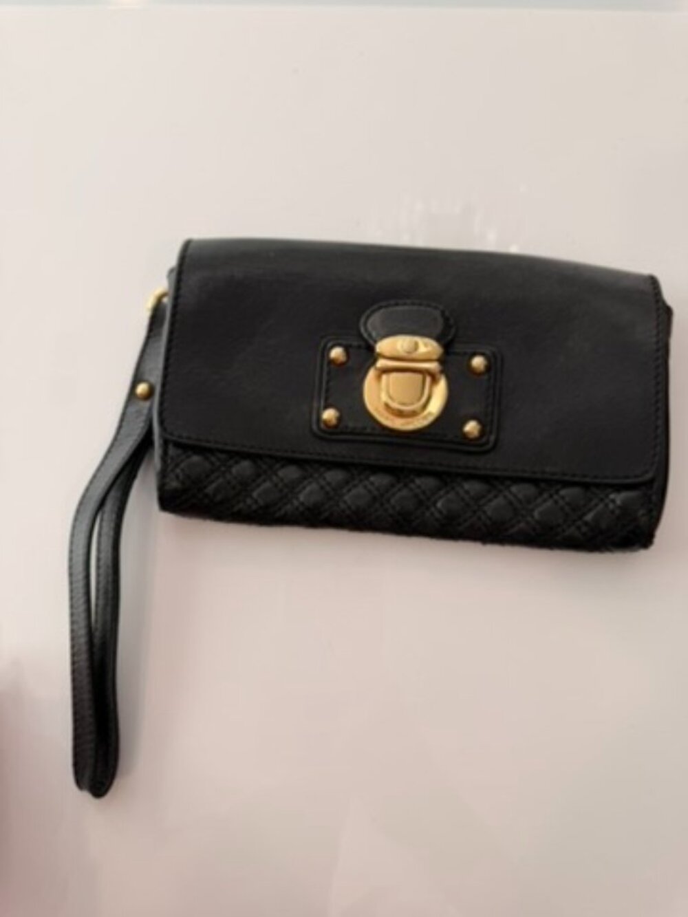 Marc Jacobs Black Quilted Leather Wristlet Clutch Gold Pushlock Italy
